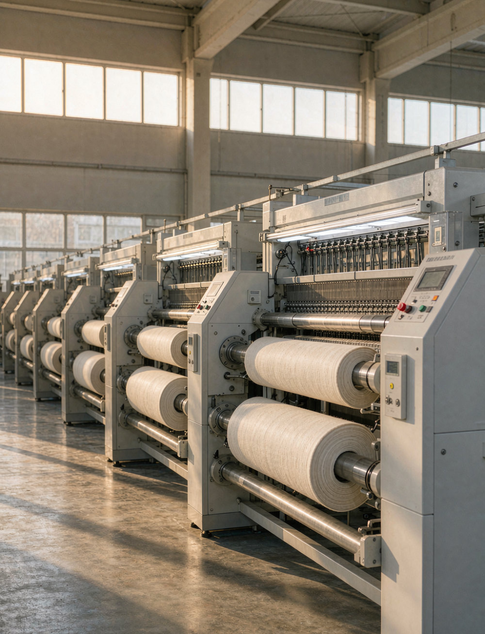 Circular knitting machines running rolls of fleece fabric at the Jato mill